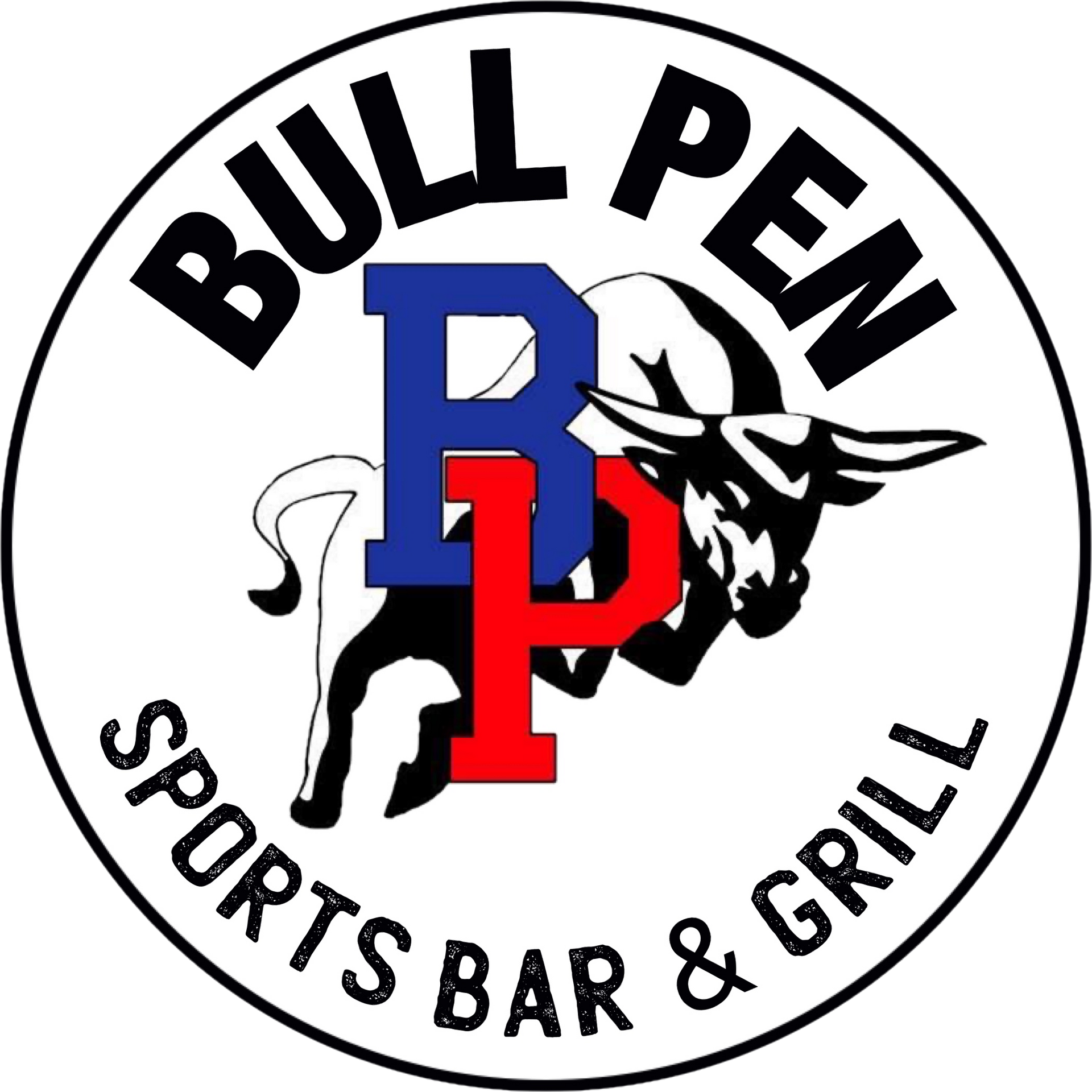 A logo for a sports bar and grill with a bull on it.