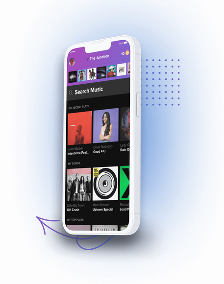 A white cell phone with a purple arrow pointing to it.