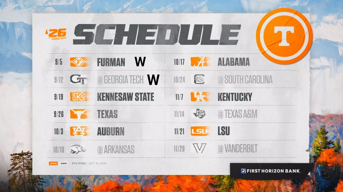 Tennessee Volunteers 2025 football schedule. Orange and white graphic listing dates, opponents, and results (Wins shown).