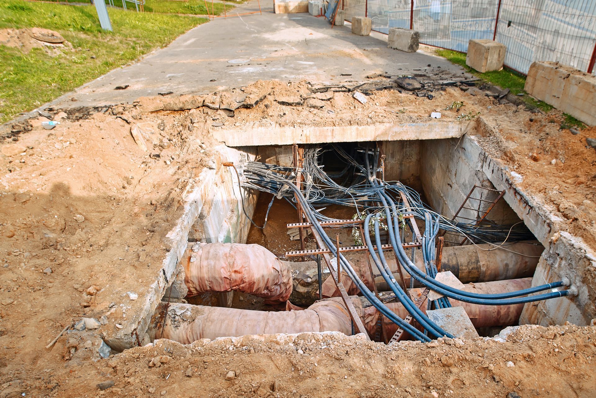 Open trench revealing underground pipes and cables under a damaged concrete surface.