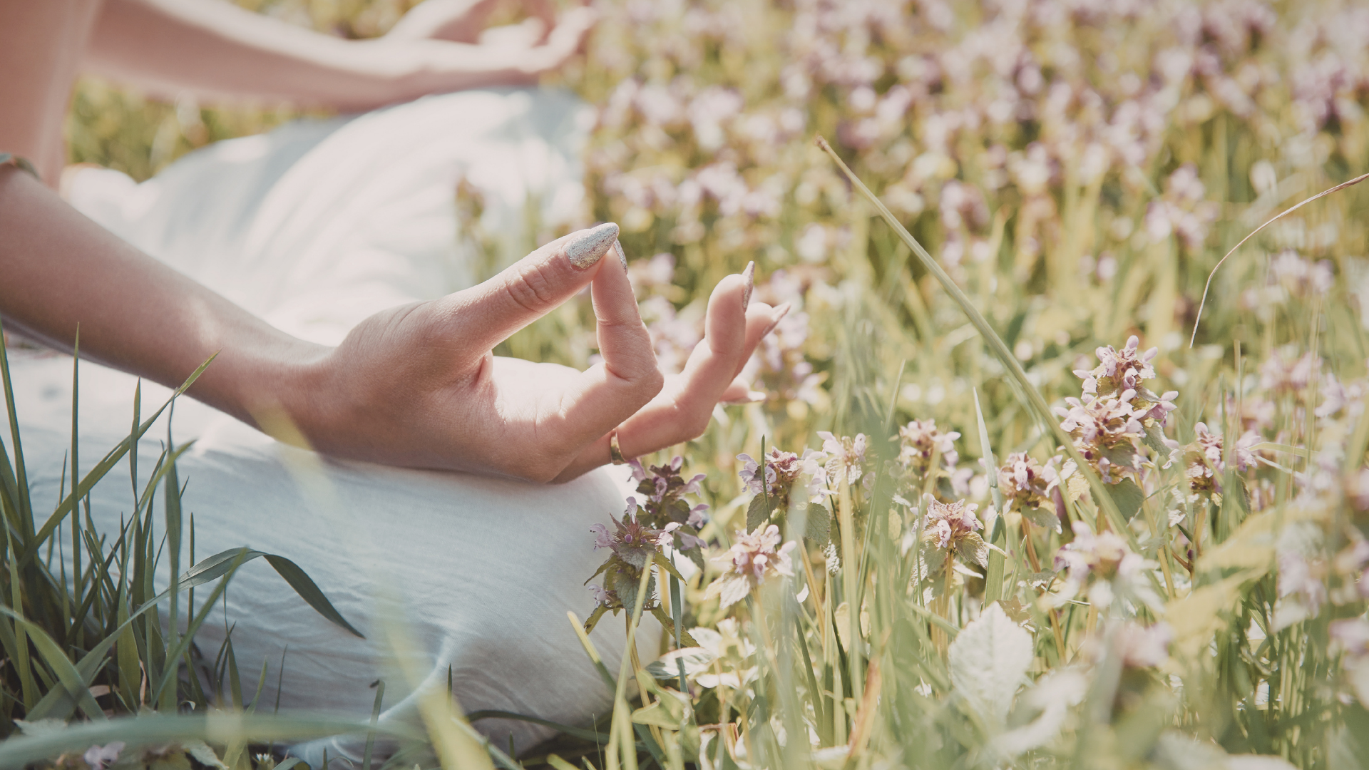 A person sitting in a field of small flowers with their hand in a meditative mudra gesture.