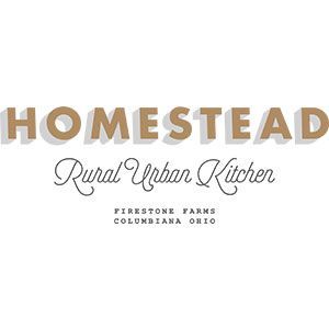 Logo for Homestead Rural Urban Kitchen, with brown text and shadow, featuring Firestone Farms, Columbiana Ohio.