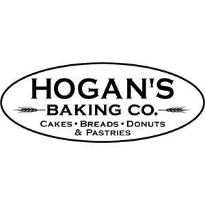Hogan's Baking Co. logo: Oval shape, black text, wheat stalks, lists cakes, breads, donuts, & pastries.
