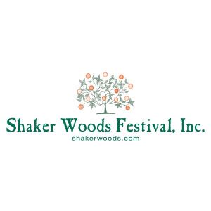 Logo for Shaker Woods Festival, Inc. featuring a tree with orange fruit and green leaves, and the festival's name.