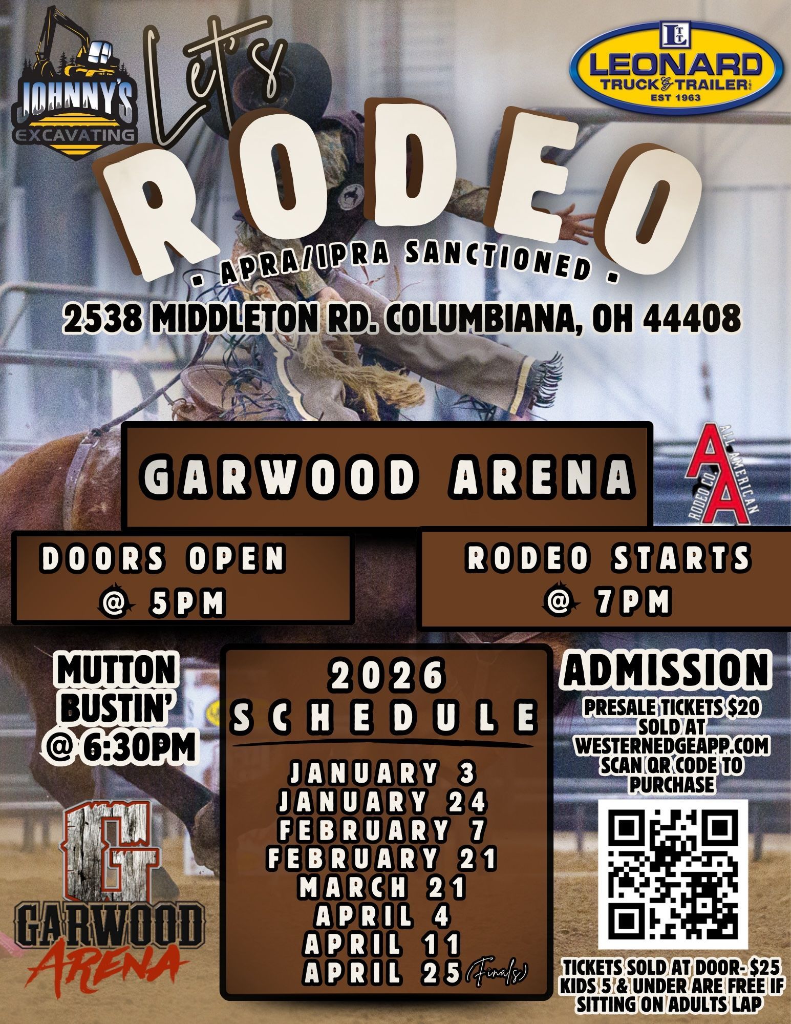 Rodeo event poster at Garwood Arena. Dates in 2026. Includes entry details and schedule.