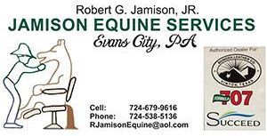 Business card: JAMISON EQUINE SERVICES, Evans City, PA; with a drawing of a person grooming a horse, and contact info.