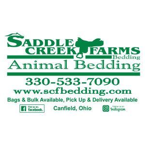 Green logo for Saddle Creek Farms Animal Bedding in Canfield, Ohio. Includes phone, website, and social media icons.
