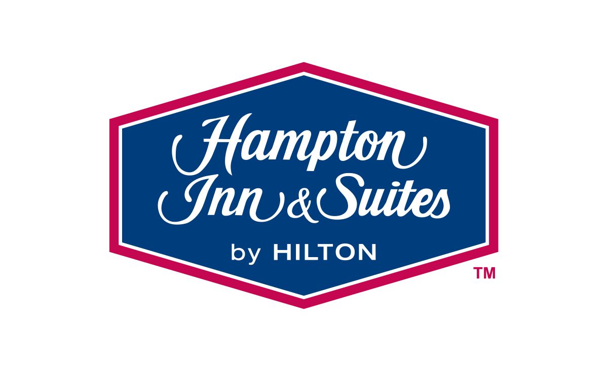 Hampton Inn & Suites by Hilton logo: Blue hexagon with white text and a red border.