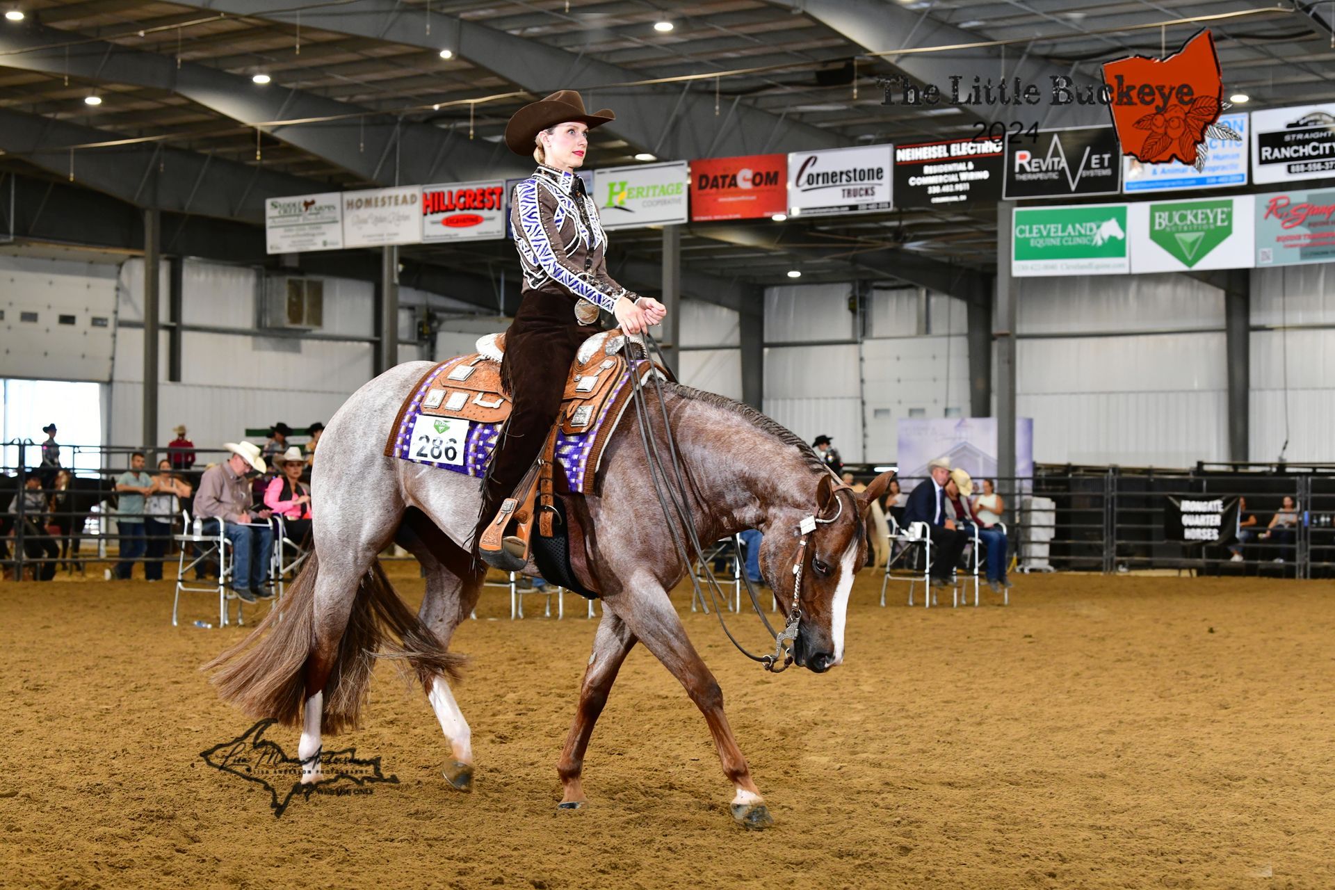 Woman in western attire on a horse in an arena; horse has a decorated saddle and bridle.