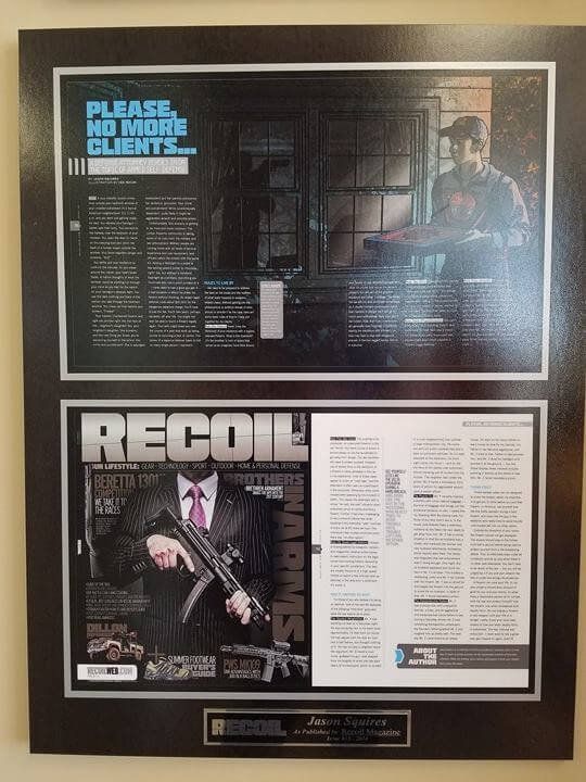 Framed print with two sections. Top: advertisement with text and person near a window. Bottom: