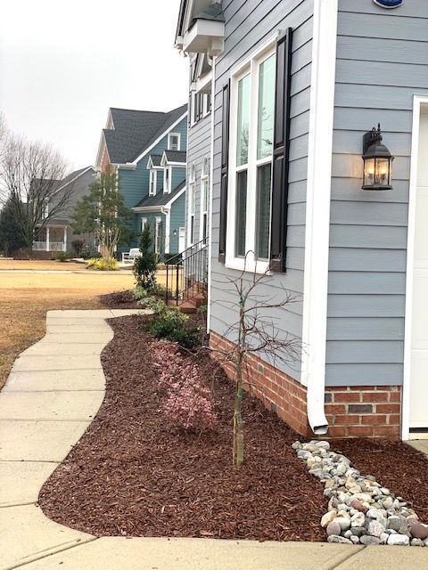 Curved sidewalk beside gray house with landscaped mulch beds and small trees