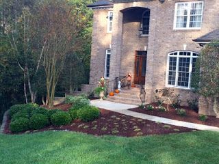 Brick house entrance with front steps, arched doorway, shrubs, and green lawn in the yard