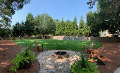 Backyard patio with fire pit, wooden chairs, green lawn, and trees under a blue sky