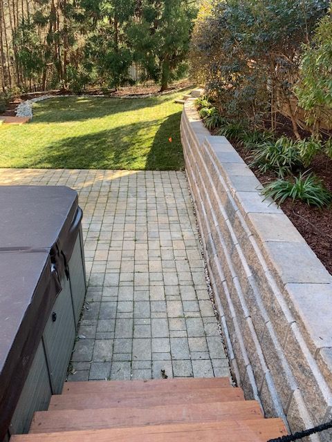 Patio steps leading to a brick walkway beside a landscaped backyard lawn
