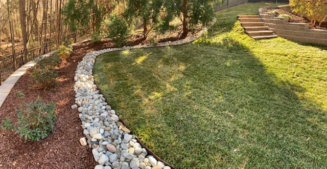 Curved stone border separating a shaded mulch bed from a sunlit grassy yard with steps in the background
