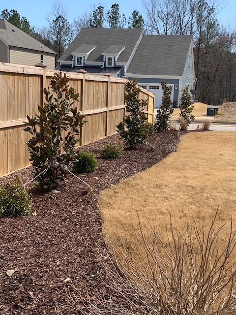 Landscaped backyard with wooden fence, shrubs, and a brown lawn beside houses.