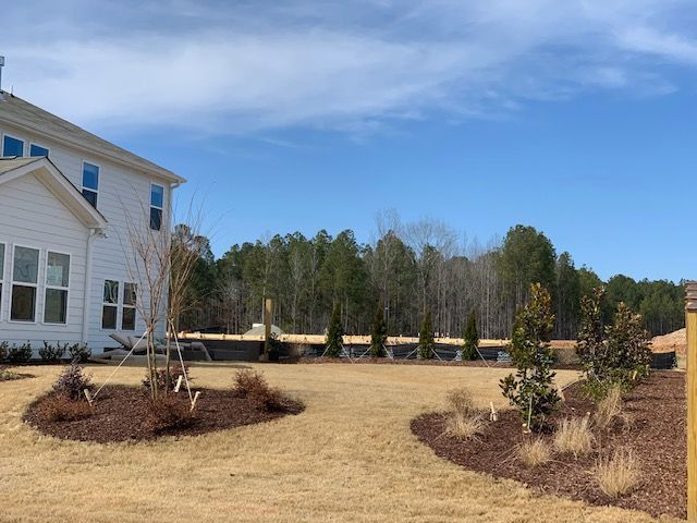 Suburban house beside a mulched yard with shrubs, trees, and a clear blue sky