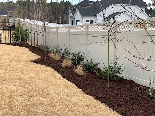 Backyard with white fence, mulched border, and small shrubs along a tan lawn