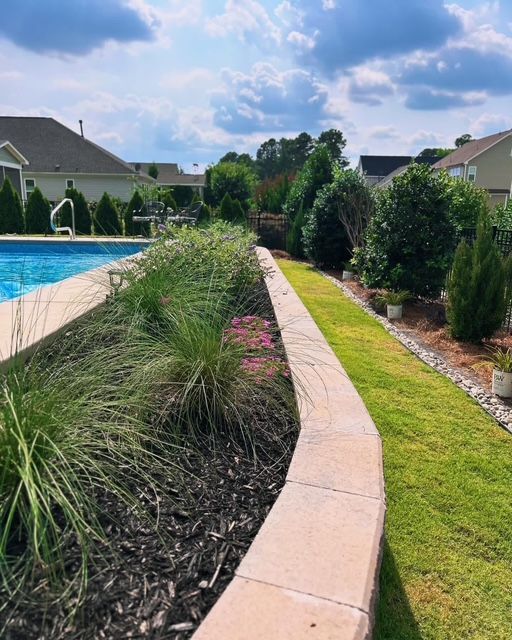 Landscaped backyard with pool, curved walkway, shrubs, and flowering grasses under a blue sky