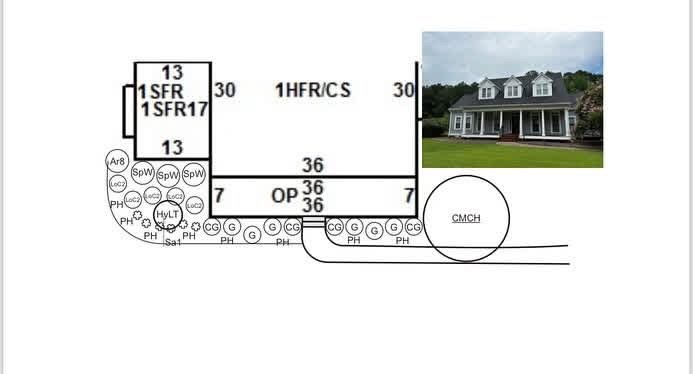 Hand-drawn house site plan with dimensions and a photo of a dark house on the right.