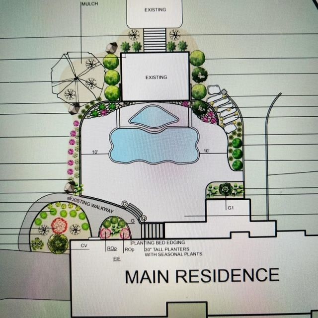 Landscape plan of a main residence with pool, patio, and surrounding plantings