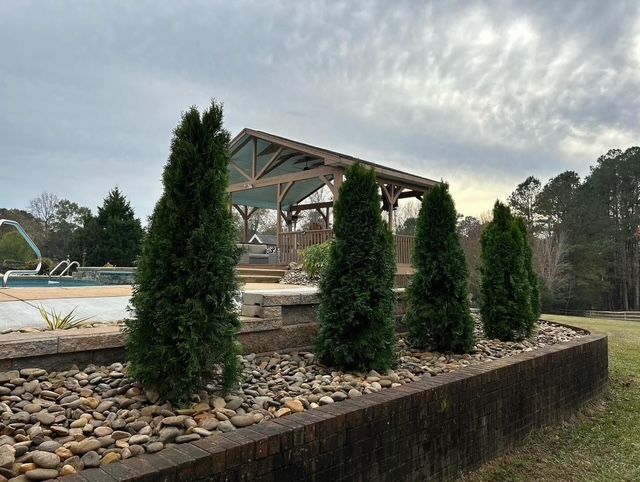 Raised planter with small evergreen trees beside a pool and pavilion under a cloudy sky