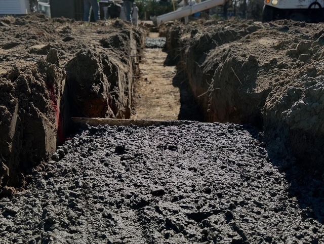 Trench filled with wet concrete at a construction site, surrounded by muddy earth.