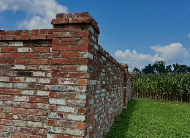 Partially built red brick wall beside a grassy field under a blue sky