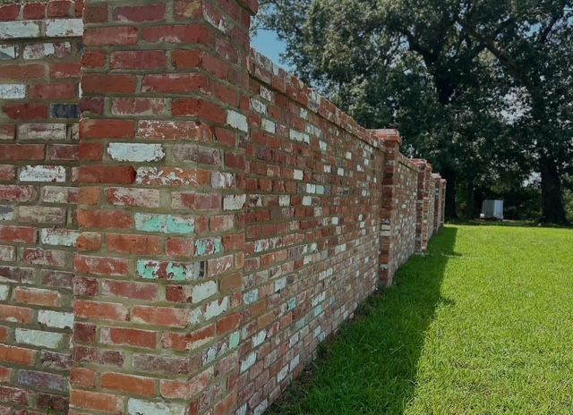 Brick wall beside a green lawn with trees in the background