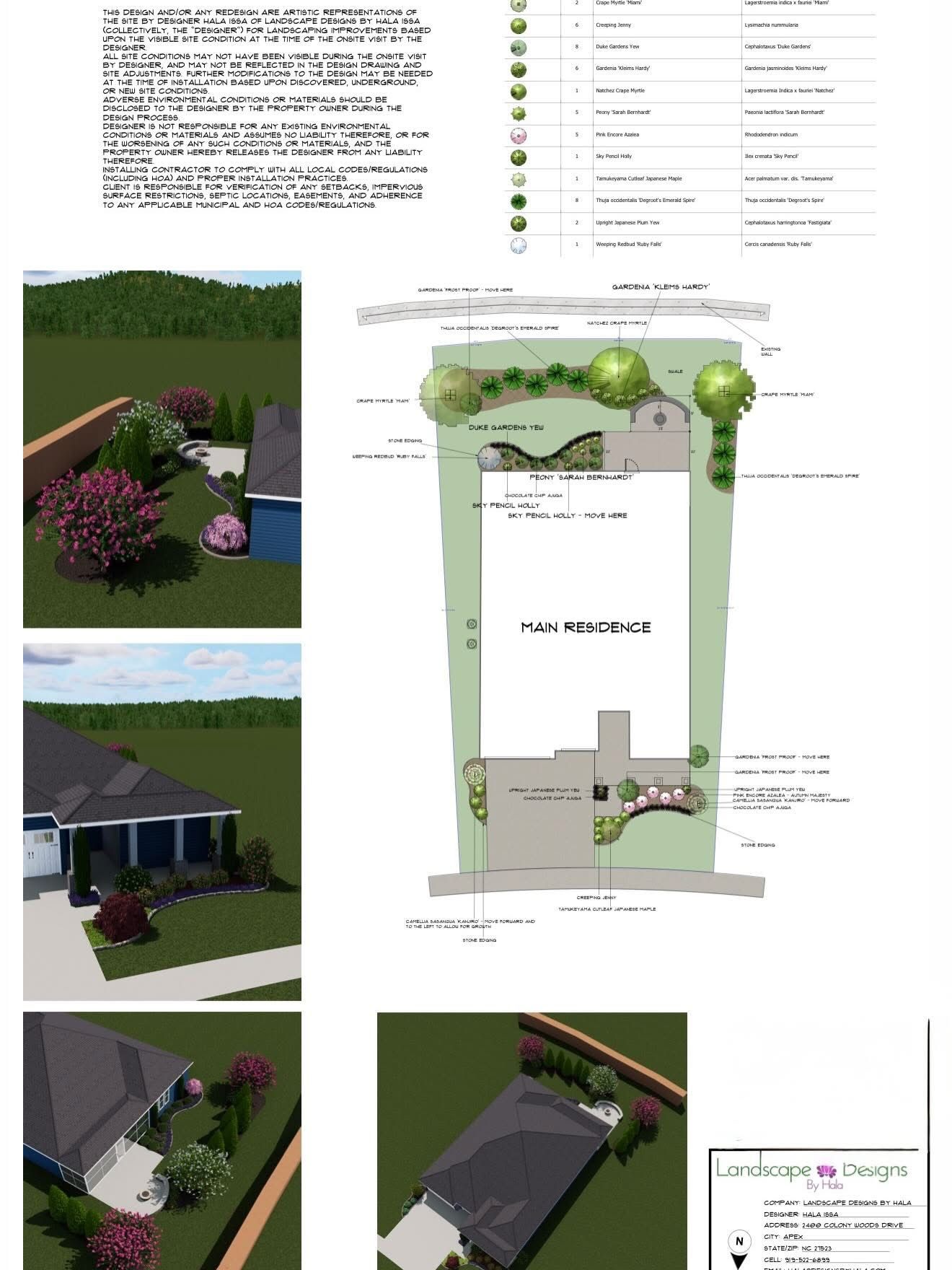 Landscape plan with house renderings, garden photos, and a site layout showing trees and planting areas