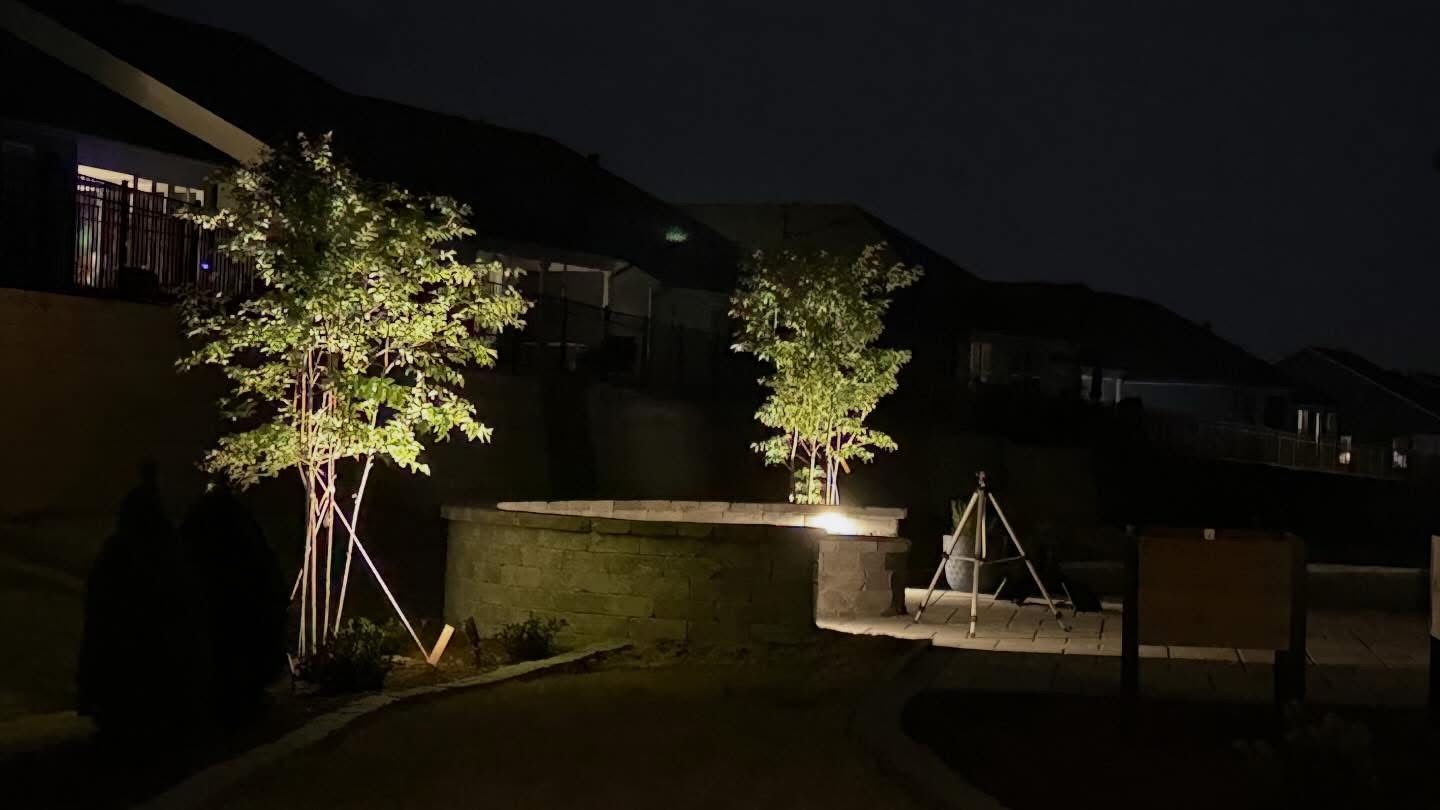 Nighttime courtyard with lit trees, low stone wall, and lounge chairs beside a building.
