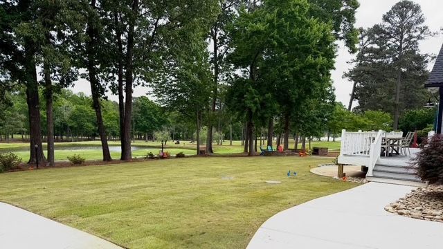 Backyard lawn bordered by tall trees, with a white deck and curved patio in the foreground