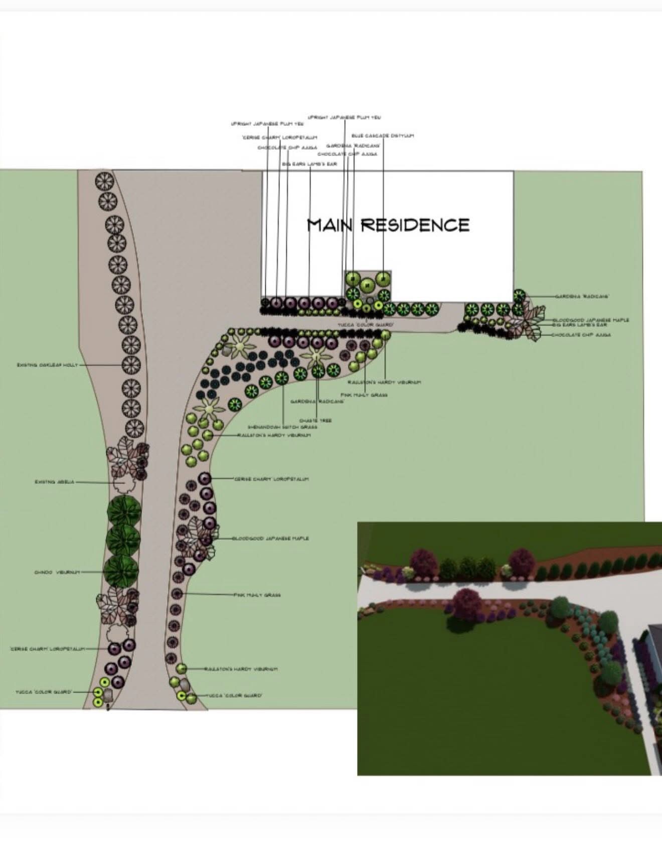 Landscaping plan with shrubs, trees, and curved planting beds around a house labeled 