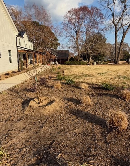 House beside a bare yard with mulch beds, leafless trees, and a clear blue sky