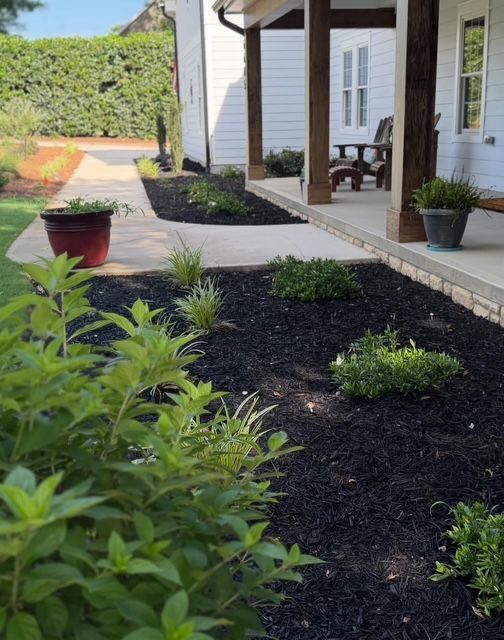 Front porch and walkway beside a house, with black mulch beds and potted plants.