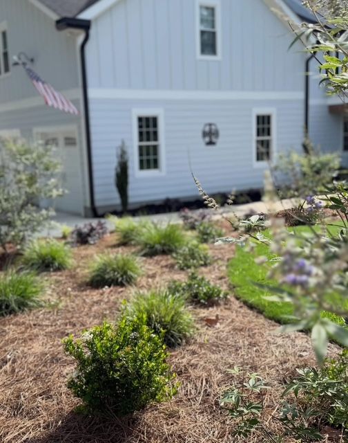 White house with gray siding and a small landscaped front yard, viewed from outside on a sunny day