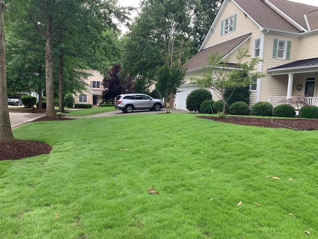 Suburban home with a green lawn, trees, and a parked SUV in the driveway
