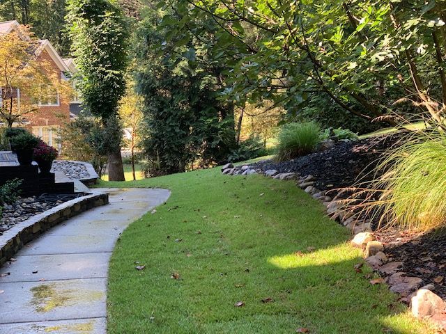 Curved garden path beside green lawn and trees, with a bench on the left and sunlight filtering through foliage
