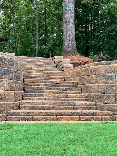 Stone steps and retaining walls leading up a grassy slope beside a large tree in a wooded park.