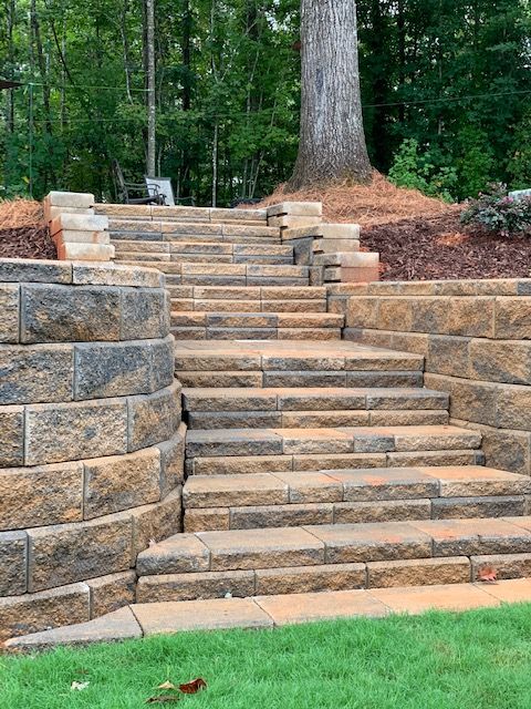 Stone steps in a landscaped garden, bordered by retaining walls and tall trees.