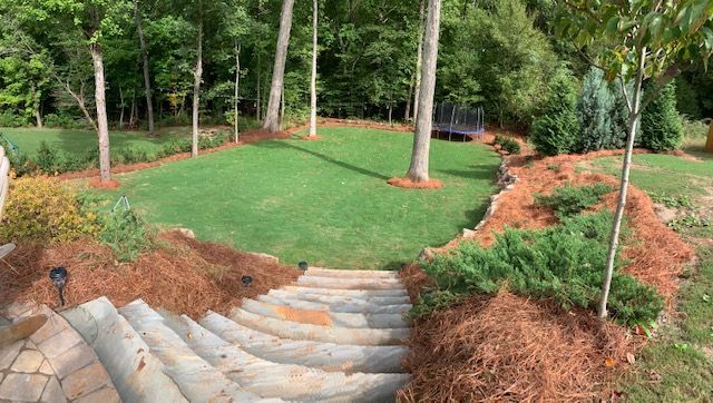 Stone steps leading to a landscaped green lawn with trees and red mulch in a garden.