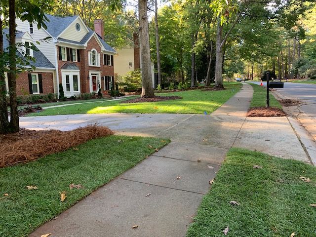 Residential sidewalk beside brick houses and trees on a quiet suburban street