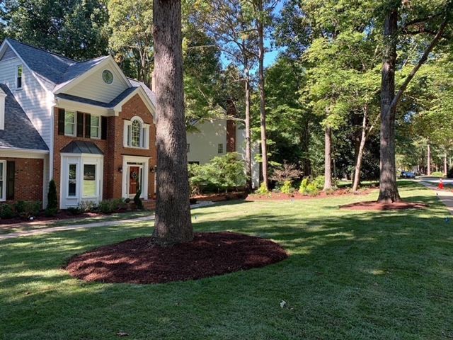 Brick house with white trim beside tall trees and a green lawn in a wooded neighborhood