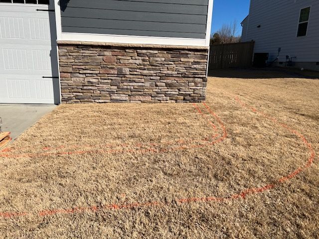 Dry front lawn beside a house with a stone foundation and a red marked outline in the grass