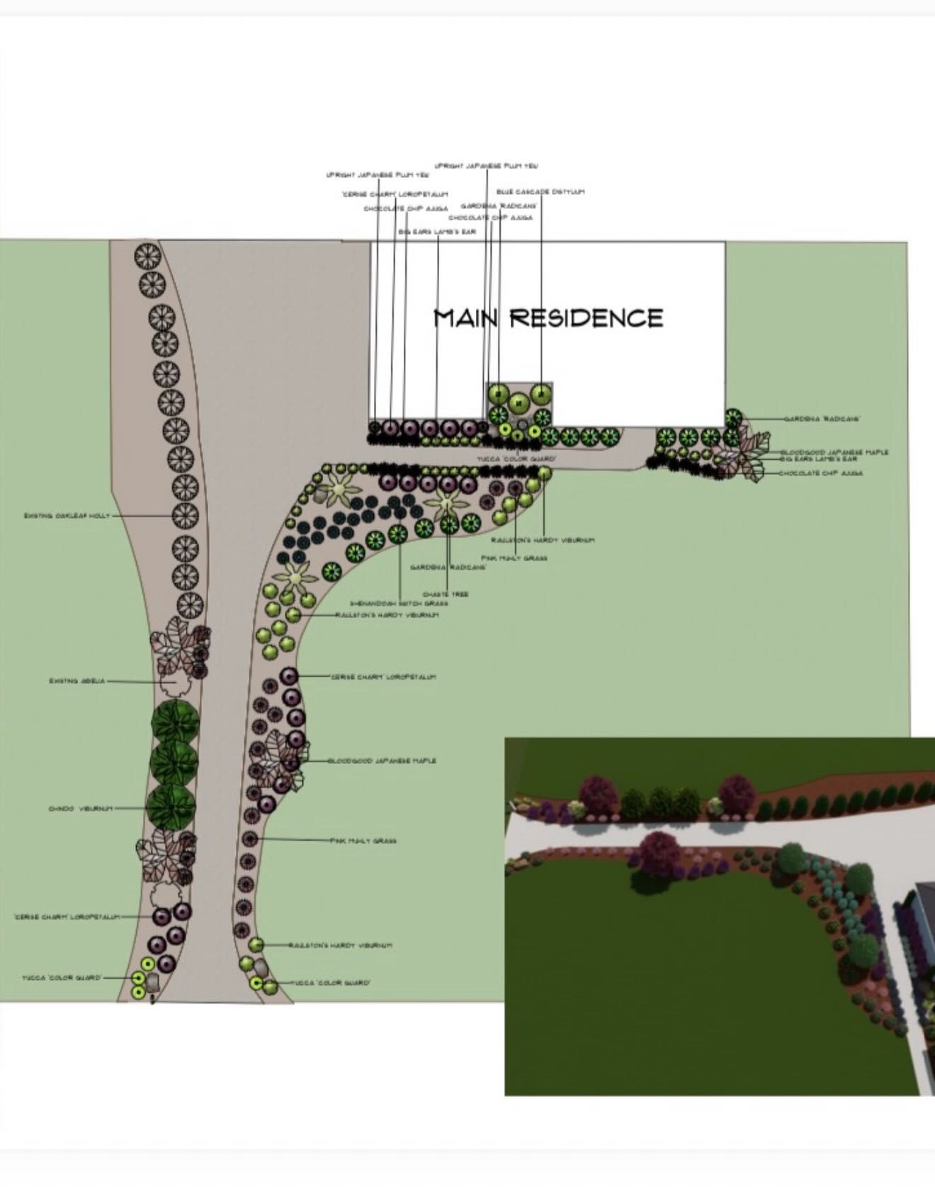 Landscape plan for a home entrance, showing paths, shrubs, and a driveway around