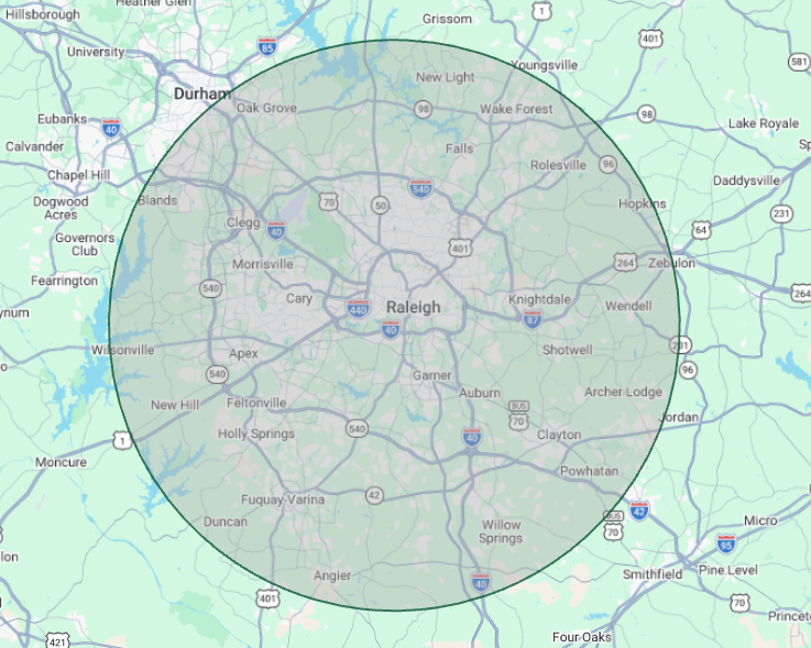 Map of central England with a large gray shaded circle indicating a coverage area.