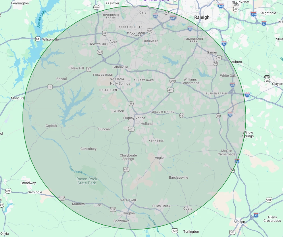 Map of central England with a large gray shaded circle indicating a coverage area.