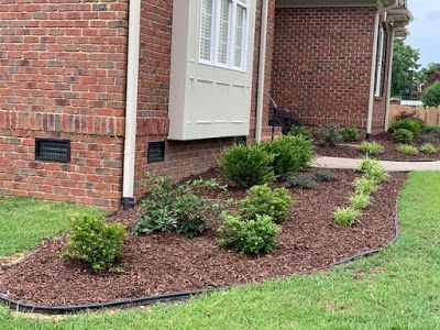 Brick house exterior with curved mulch bed, small shrubs, and green lawn.