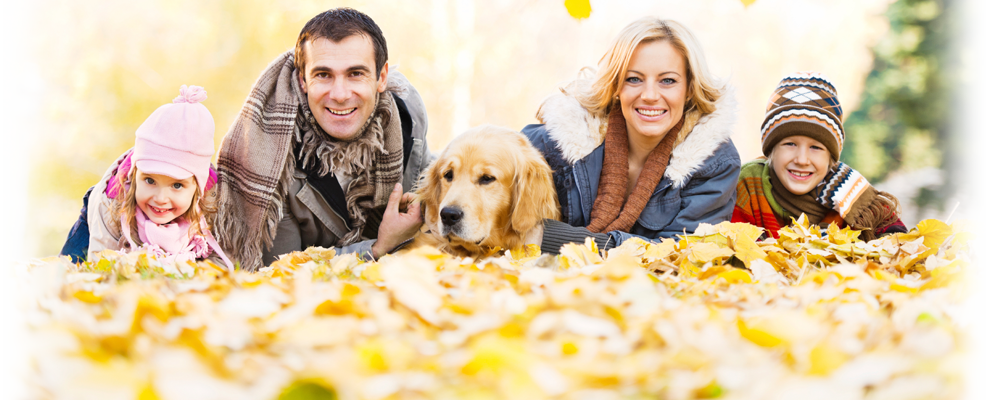 family playing in leaves