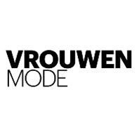 Een zwart-wit logo voor  het blad Vrouwenmode op een witte achtergrond.